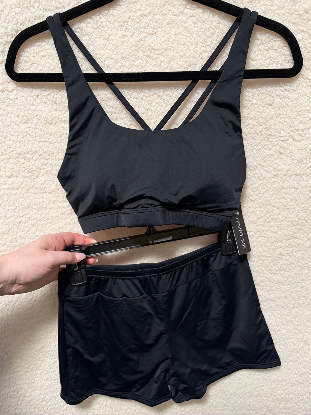 Tempt Me Bikini Swim Set Boyshort Black Strappy Top Shorts Size Medium NEW NWT